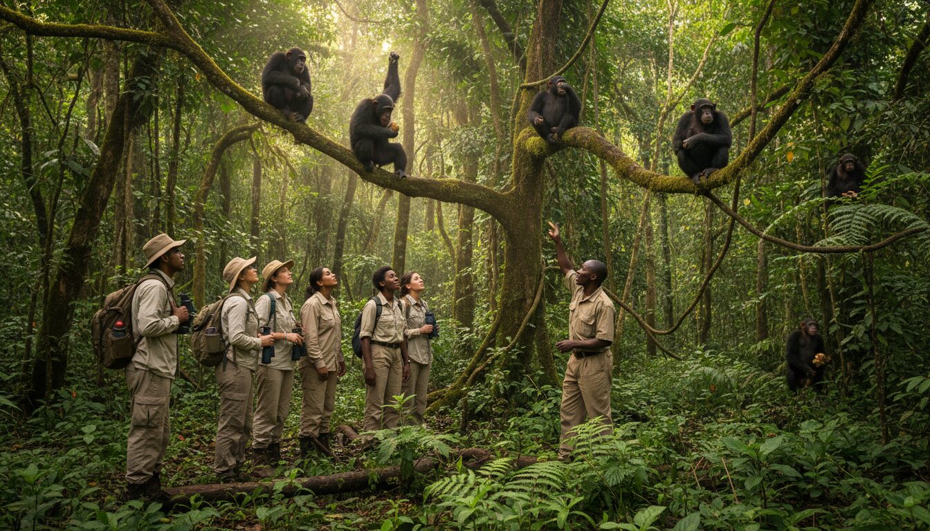partez à l'aventure avec nos excursions nature en tanzanie et découvrez l'observation fascinante des chimpanzés dans leur habitat naturel au cœur des forêts luxuriantes.